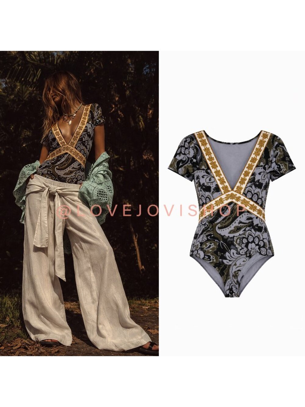 Bohemian | Free People Body Suit Deep V Short Sleeve | Earth Tone Coastal Print